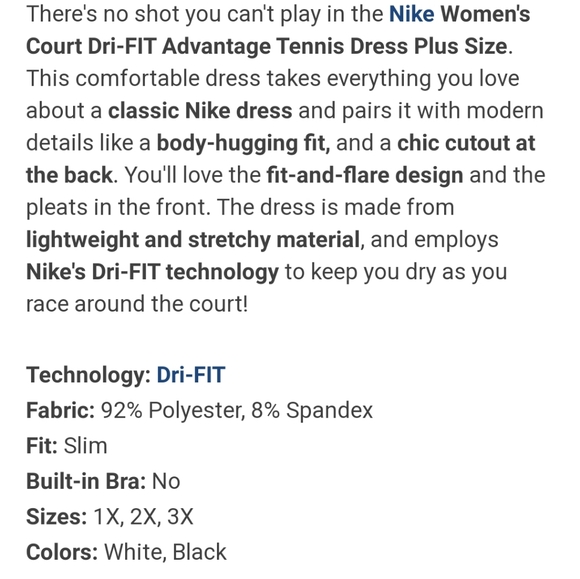 NWT Women's Nike Court Dri-fit Advantage Tennis Dress Plus Size - Picture 12 of 14